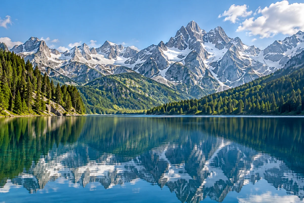 Alpine mountains reflected in a calm blue lake