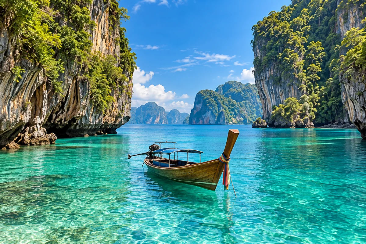 A longtail boat on turquoise water beneath limestone cliffs