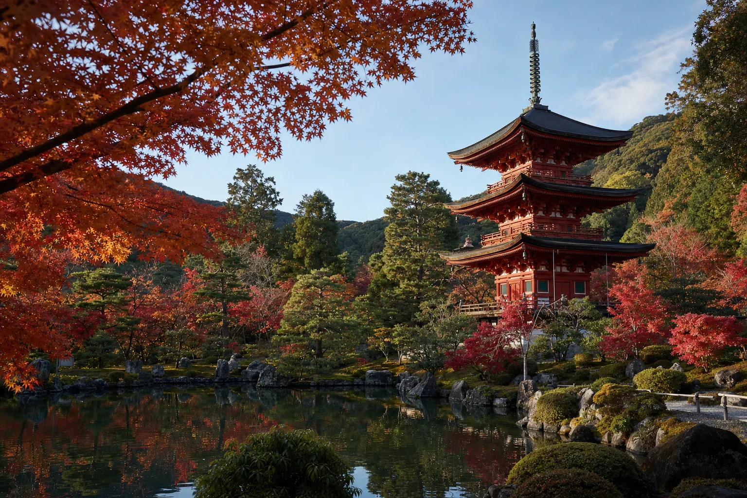 An autumn-colored garden and traditional pagoda