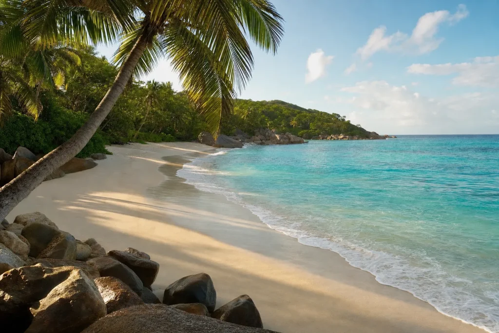 Illustrative turquoise cove and tropical shoreline